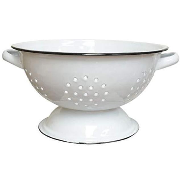 Enamelware Colander Stamped Metal White Black Edge Country Primitive Kitchen Décor