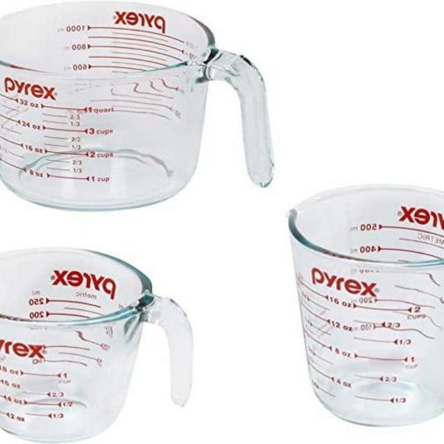 Pyrex 3 Piece Glass Measuring Cup Set, Includes 1-Cup, 2-Cup, and 4-Cup Tempered Glass Liquid Measuring Cups, Dishwasher, Freezer, Microwave, and Preheated Oven Safe, Essential Kitchen Tools