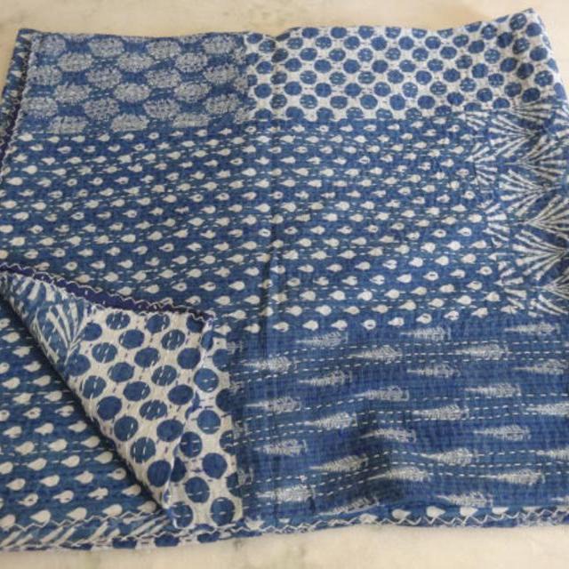 Ajrakh kantha quilt handmade vegetable dye bedsheet QUEEN size throw ajrakh block print bedspread