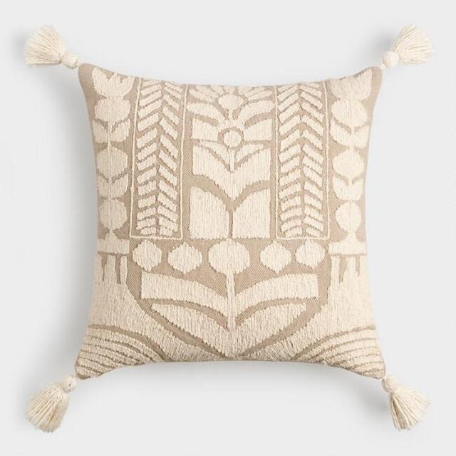 Oatmeal and Ivory Embroidered Garden Throw Pillow