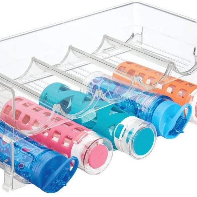 mDesign Plastic Free-Standing Water Bottle and Wine Rack Storage Organizer for Kitchen Countertops, Table Top, Pantry, Fridge - Stackable - Holds 5 Bottles Each, 2 Pack - Clear