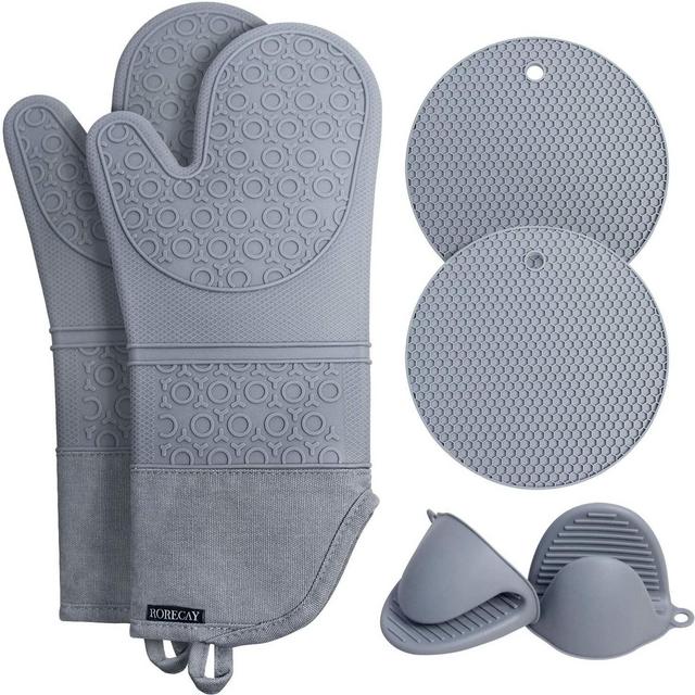 Rorecay Extra Long Oven Mitts and Pot Holders Sets: Heat Resistant Silicone Oven Mittens with Mini Oven Gloves and Hot Pads Potholders for Kitchen Baking Cooking, Quilted Liner, Gray, Pack of 6
