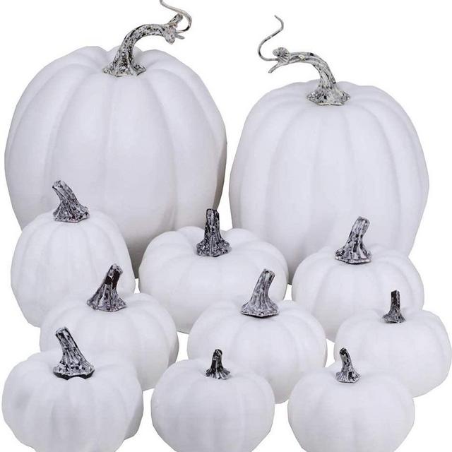 Artificial White Pumpkins Bulk Faux Harvest Pumpkins for Fall Wedding Thanksgiving Halloween Seasonal Holiday Tabletop Decoration Centerpiece 11 Pcs Assorted Sizes