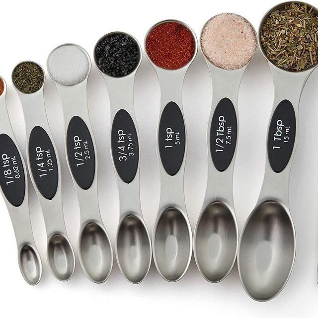 Spring Chef Magnetic Measuring Spoons Set, Dual Sided, Stainless Steel, Fits in Spice Jars, Black, Set of 8