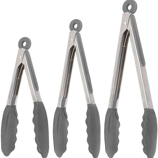 Grey Silicone Cooking Serving Tongs - Set Of 3 Kitchen Locking Tongs-7,9,12" - Color: Gray