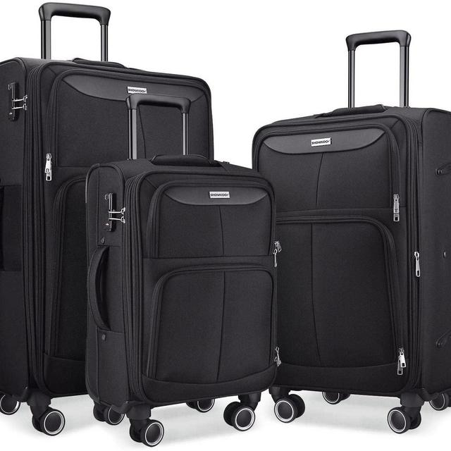 SHOWKOO Luggage Sets 3 Piece Softside Expandable Lightweight Durable Suitcase Sets - Color: Black