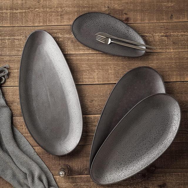 VICRAYS Large Oval Serving Platters, 16"/14"/10" Porcelain Serving Platters for Party, BBQ,Stackable Serving Trays Serving Plates for Appetizers, Sushi, Restaurant, Dessert Shop, Set of 3 (Dark Grey)