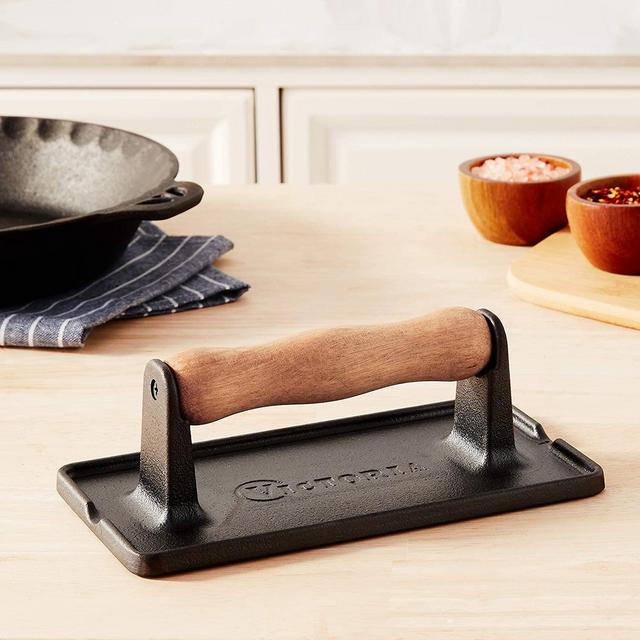 Victoria Cast Iron Panini, Burger, Bacon, Grill Press Seasoned with 100% Kosher Certified Non-GMO Flaxseed Oil, 8.3 x 4.4 Inch, Black