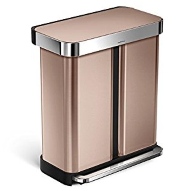 simplehuman Rectangular Dual Compartment Recycling Step Can, Rose Gold Stainless Steel