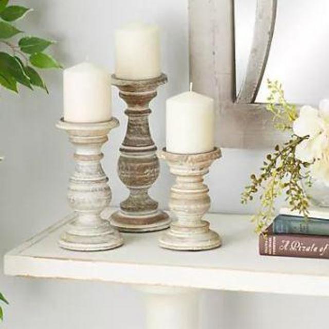Ridge Road Décor Turned Mango Wood Candle Holders in Whitewash (Set of 3)