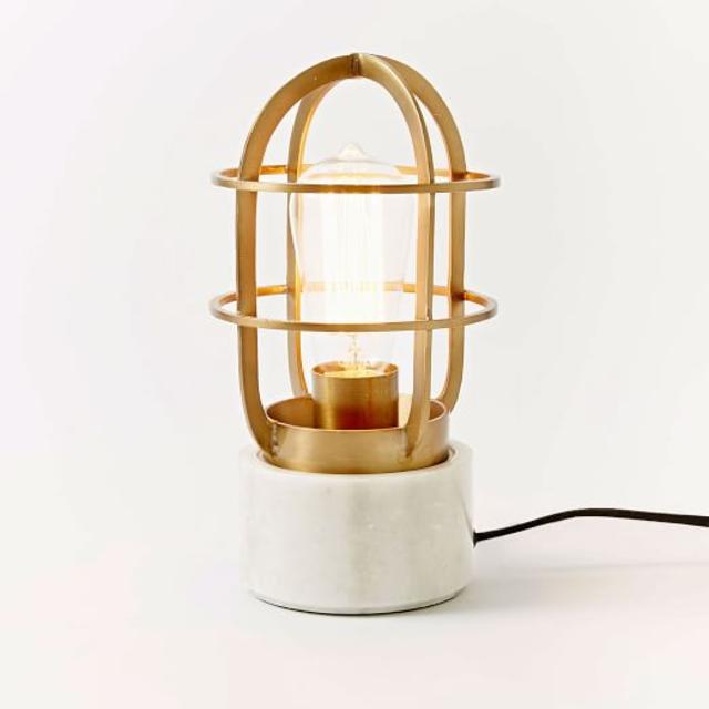 Mini Industrial Cage Lamp, Marble/Antique Brass
