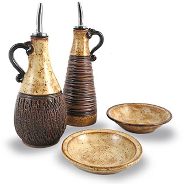 Earthy Terrain Carved Pottery Cruet Set - Sahara Sand