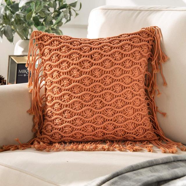 Phantoscope 100% Cotton Handmade Crochet Woven Boho Throw Pillow with Tassels Cute Farmhouse Pillow Insert Included Lumbar Small Decorative Cushion for Couch Sofa, Orange,18 x 18 inches 45 x 45 cm