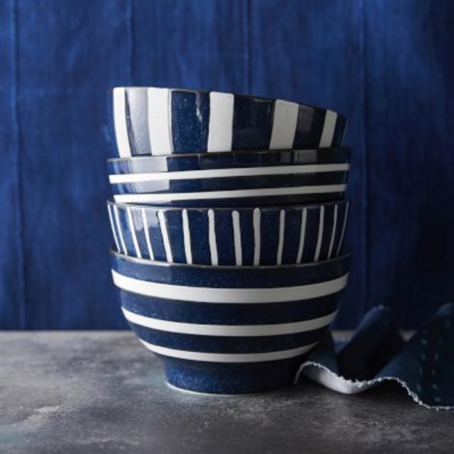 Indigo Striped Mixed Bowls, Set of 4