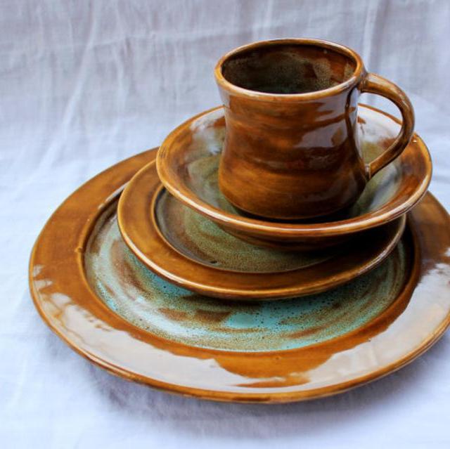 Art Deco Dinnerware Set- Handmade Stoneware Pottery Dinnerware- Sea Foam Green Spotted Plates and Bowl- Wedding Registry