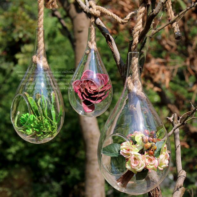 Set of 3 glass teardrop terrariums held by rope/wall hanging plant terrariums/hanging succulents holders for gardening