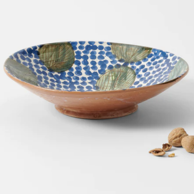 Green Leaves Blue Serving Bowl