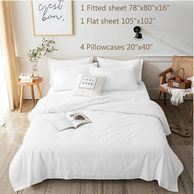 LBRO2M Bed Sheets Set King Size 6 Piece 16 Inches Deep Pocket 1800 Thread Count 100% Microfiber Sheet,Bedding Super Soft Comforterble, Cool Warm,（White）
