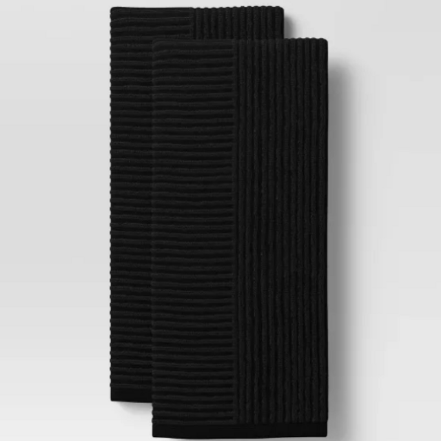 2pk Cotton Solid Ribbed Terry Kitchen Towels - Project 62™- Black