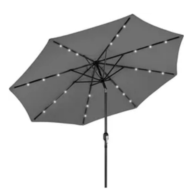10ft Solar Powered Aluminum Polyester LED Lighted Patio Umbrella w/Tilt Adjustment and Fade-Resistant Fabric, Gray