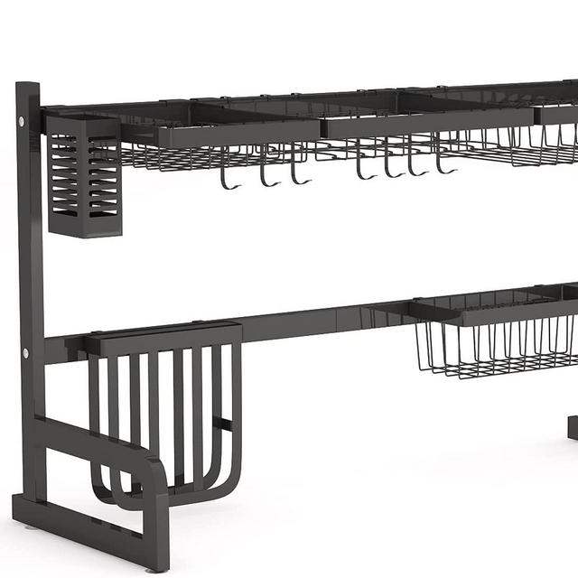 Over The Sink Dish Drying Rack - 1Easylife Adjustable 2-Tier Large Dish Dryer Rack for Kitchen Organizer Storage Space Saver Shelf Utensils Holder with 7 Utility Hook Tableware Drainer (Black)