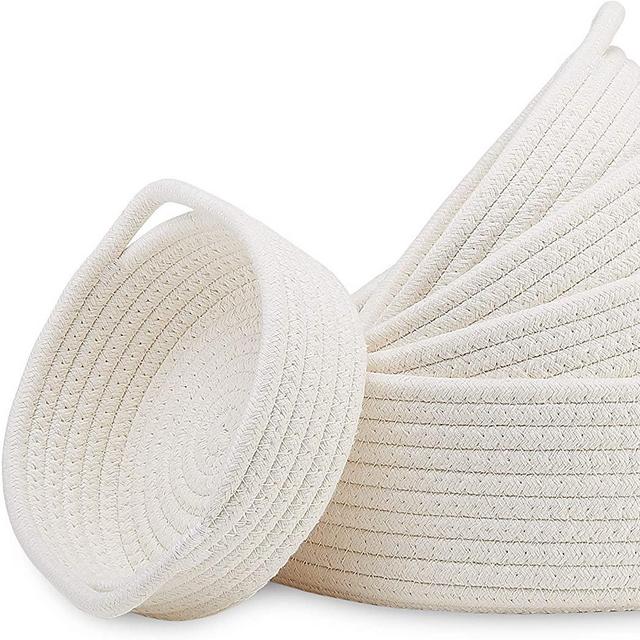 NaturalCozy 5-Piece Round Small Woven Baskets Set - 100% Natural Cotton Rope Baskets! Key Tray, Kids Montessori Toys, Bowl for Entryway, Jewelry Remote Fruits Desk Home Decor Shallow Catchall Baskets