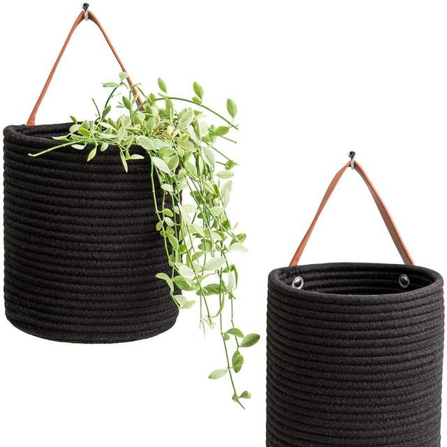 Goodpick 2pack Rope Hanging Basket - 7.87" x 7" Small Wall Basket for Key, Sunglasses, Wallet on Door - Farmhouse Woven Basket Decor with Plants, Black Cotton Basket