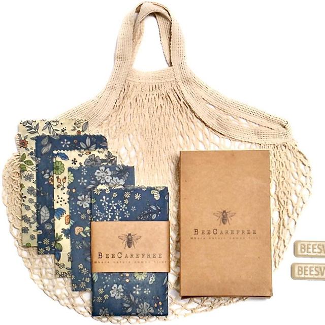 Reusable Beeswax Food Wrap- Beeswax Wraps - 4 pack with Produce Bag and 2 Beeswax Bars- Bee Wrapping Paper Sheets with Wax- Bees - Eco Friendly Food Storage-Bread and Sandwich Wrap- Sustainable Gifts