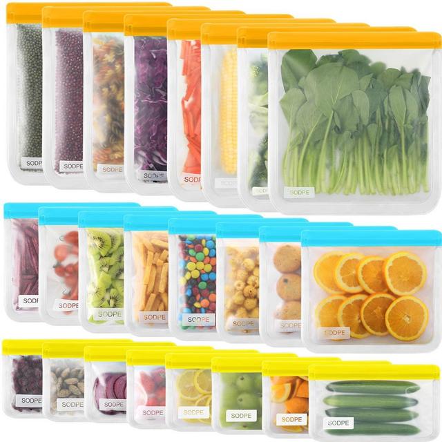 24 reusable storage bags, SODPE reusable sandwich bags, 8 extra large lunch bags, 8 large sandwich bags and 8 snack bags, sealed bags, environmental protection and leak proof freezing bags,