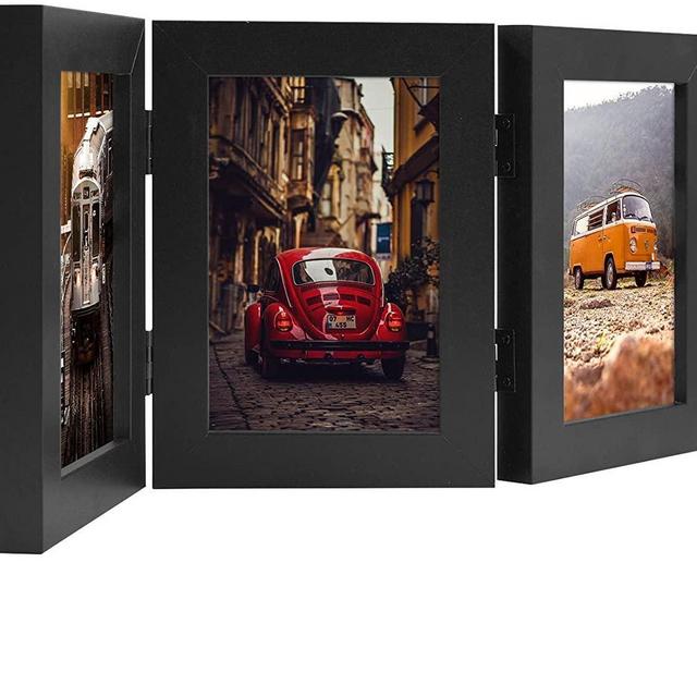 Frametory, Triple Hinged Picture Frame - Made to Display Pictures, Stands Vertically on Desktop or Table Top, Real Glass Front (Black, 4x6 Frame)