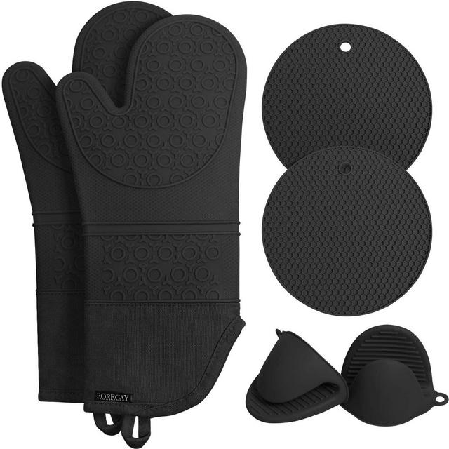 Rorecay Extra Long Oven Mitts and Pot Holders Sets: Heat Resistant Silicone Oven Mittens with Mini Oven Gloves and Hot Pads Potholders for Kitchen Baking Cooking, Quilted Liner, Black, Pack of 6
