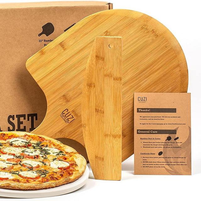Cuzi Gourmet XL 3-Piece Pizza Stone Set - 15” Thermal Shock Resistant Cordierite Pizza Baking Stone, 22” Natural Bamboo Pizza Peel & Pizza Cutter Rocker - Large Pizza Stone for Grill and Oven
