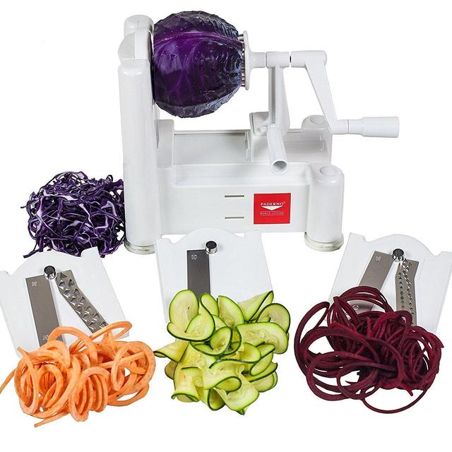 Paderno World Cuisine 3-Blade Vegetable Slicer/Spiralizer, Counter-Mounted and includes 3 Stainless Steel Blades