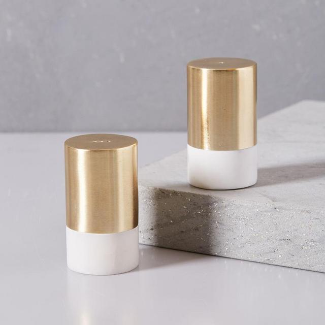 Marble and Brass Salt + Pepper Shakers, Set of 2, White
