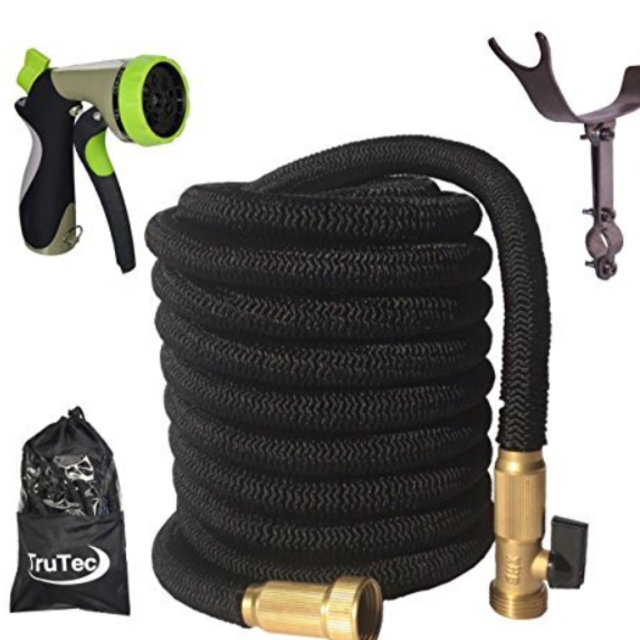 TruTec 100 Foot, Triple Layer Latex Core, Solid Brass Fitting Shut Off Valve Spray Nozzle Stainless Steel Holder, Expanding Garden Hose - Black