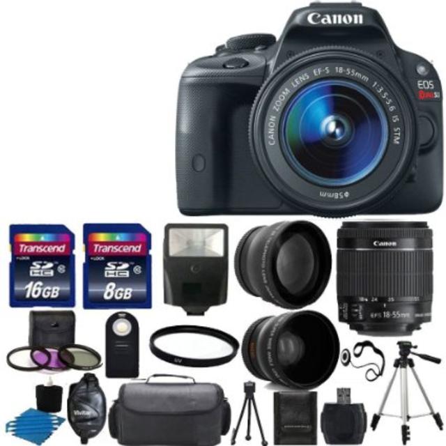 Canon EOS Rebel SL1 18.0 MP CMOS Digital SLR Full HD 1080 Video Body with EF-S 18-55mm IS STM Lens With 58mm 2x Professional Lens +High Definition 58mm Wide Angle Lens + Auto Flash + Uv Filter Kit with 24GB Complete Deluxe Accessory Bundle