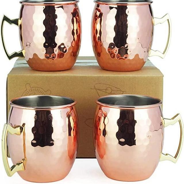 PG Moscow Mule Mugs | Large Size 19 ounces | Set of 4 Cups | Stainless Steel Lining With Honeycomb Pattern Finish | Pure Copper Plating | Gold Brass Handles | 3.7 inches Diameter x 4 inches Tall
