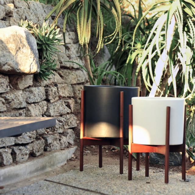 Case Study Cylinder Planter With Wood Stand, White