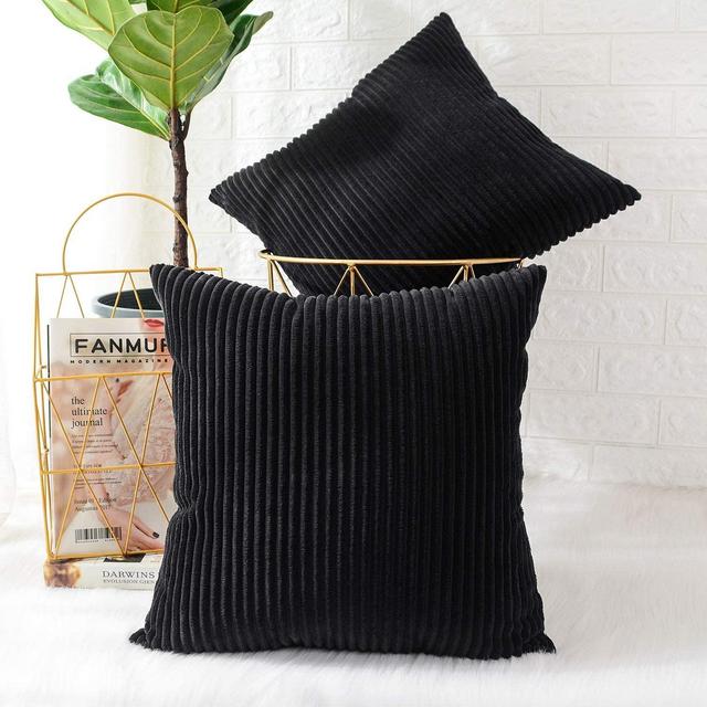 MERNETTE Pack of 2, Corduroy Soft Decorative Square Throw Pillow Cover Cushion Covers Pillowcase, Home Decor Decorations for Sofa Couch Bed Chair 20x20 Inch/50x50 cm (Striped Black)