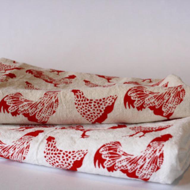 THE HIGH FIBER - Flour Sack Towel, Hand Printed, Red Chickens, Cotton