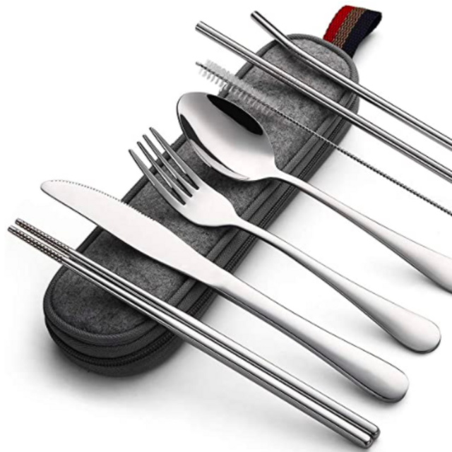 Devico Portable Utensils, Travel Camping Cutlery Set, 8-Piece including Knife Fork Spoon Chopsticks Cleaning Brush Straws Portable Case, Stainless Steel Flatware set (8-piece Silver)