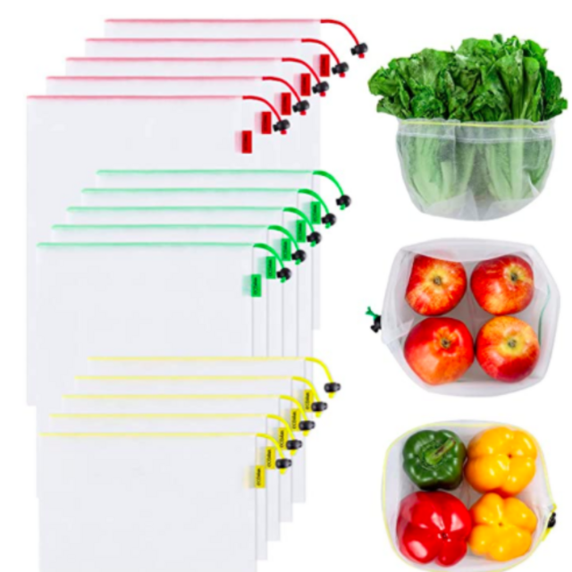 Ecowaare Set of 15 Reusable Mesh Produce Bags,3 Sizes Washable and See-Through Grogery Bags,with Colorful Tare Weight Tags,5 Small 5 Medium & 5 Large