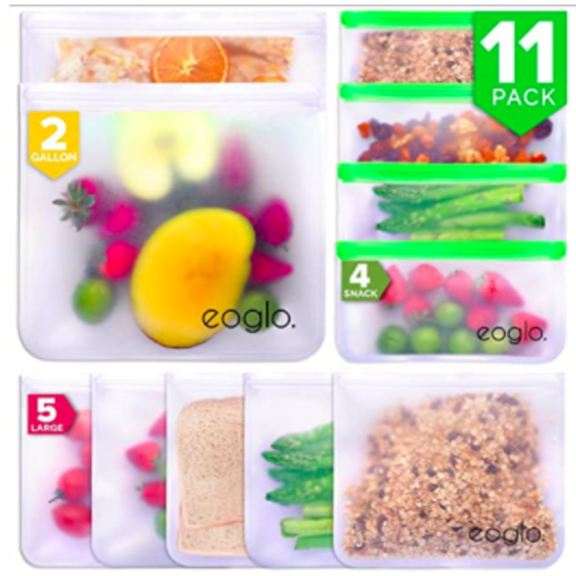 eoglo Reusable Storage Bags (11 Pack) | to Go + Store + Freeze | Lunch Sandwiches | Kids Food | Snacks and Fruits | Travel Toiletries | Extra Thick | Leakproof | Resealable | BPA Free