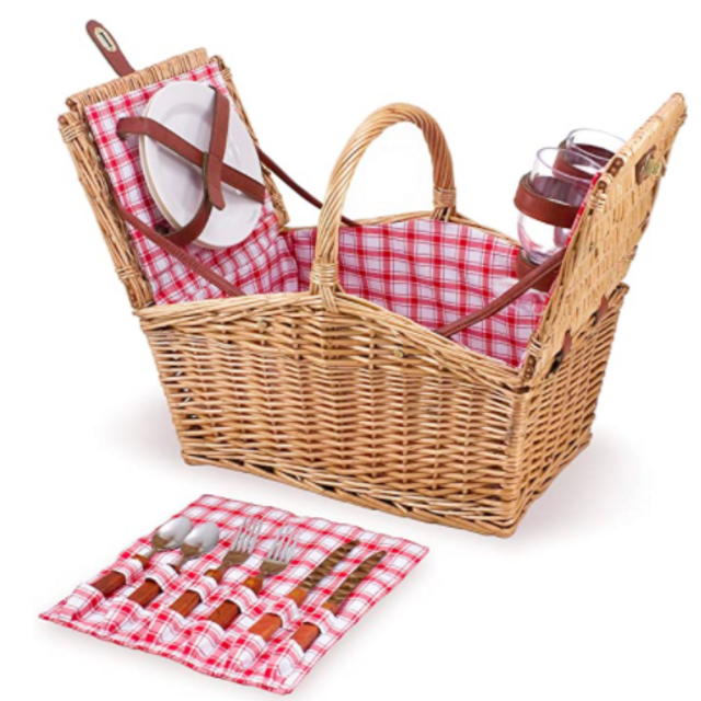 Picnic Time Piccadilly Willow Picnic Basket for Two People, with Plates, Wine Glasses, Cutlery, and Corkscrew - Red/White Plaid