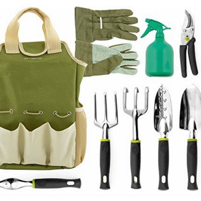 Vremi 9 Piece Garden Tool Set with Gardening Tote and Work Gloves - Hand Tools with Ergonomic Handles include Rake and Pruning Shears - also has Weeder and Transplanter and 25 Oz Sprayer Bottle