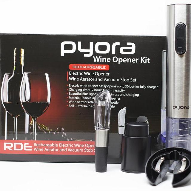 Pyora Rechargeable Electric Wine Opener Complete Bundle with Foil Cutter, Aerating Pourer, Vacuum Stop, | Best Automatic Wine Opener, Stainless Steel