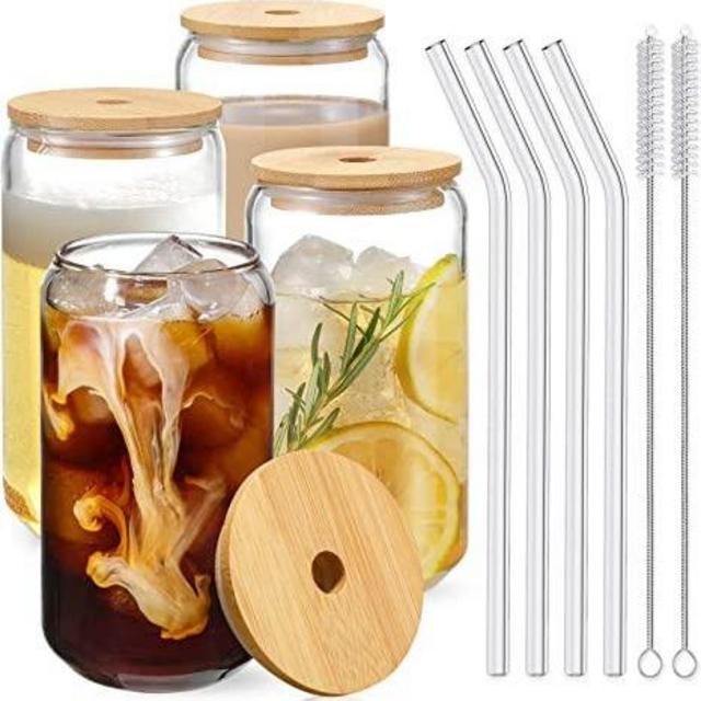 Drinking Glasses with Bamboo Lids and Glass Straw 4pcs Set - 16oz Can Shaped Glass Cups, Beer Glasses, Iced Coffee Glasses, Cute Tumbler Cup, Ideal for Cocktail, Whiskey, Gift - 2 Cleaning Brushes