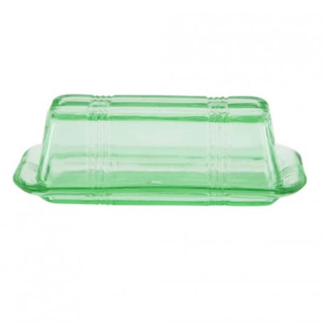 Green Glass Covered Butter Dish