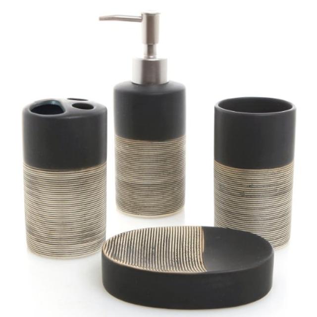 Deluxe 4 Piece Black & Beige Ceramic Bathroom Set w/ Soap Dispenser, Toothbrush Holder, Tumbler & Soap Dish