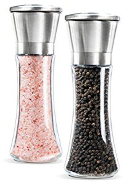Levav Premium Stainless Steel Salt and Pepper Grinder Brushed Stainless Steel Pepper Mill and Salt Mill, Glass Tall Body, 5 Grade Adjustable Ceramic Rotor, Salt and Pepper Shakers, Set of 2